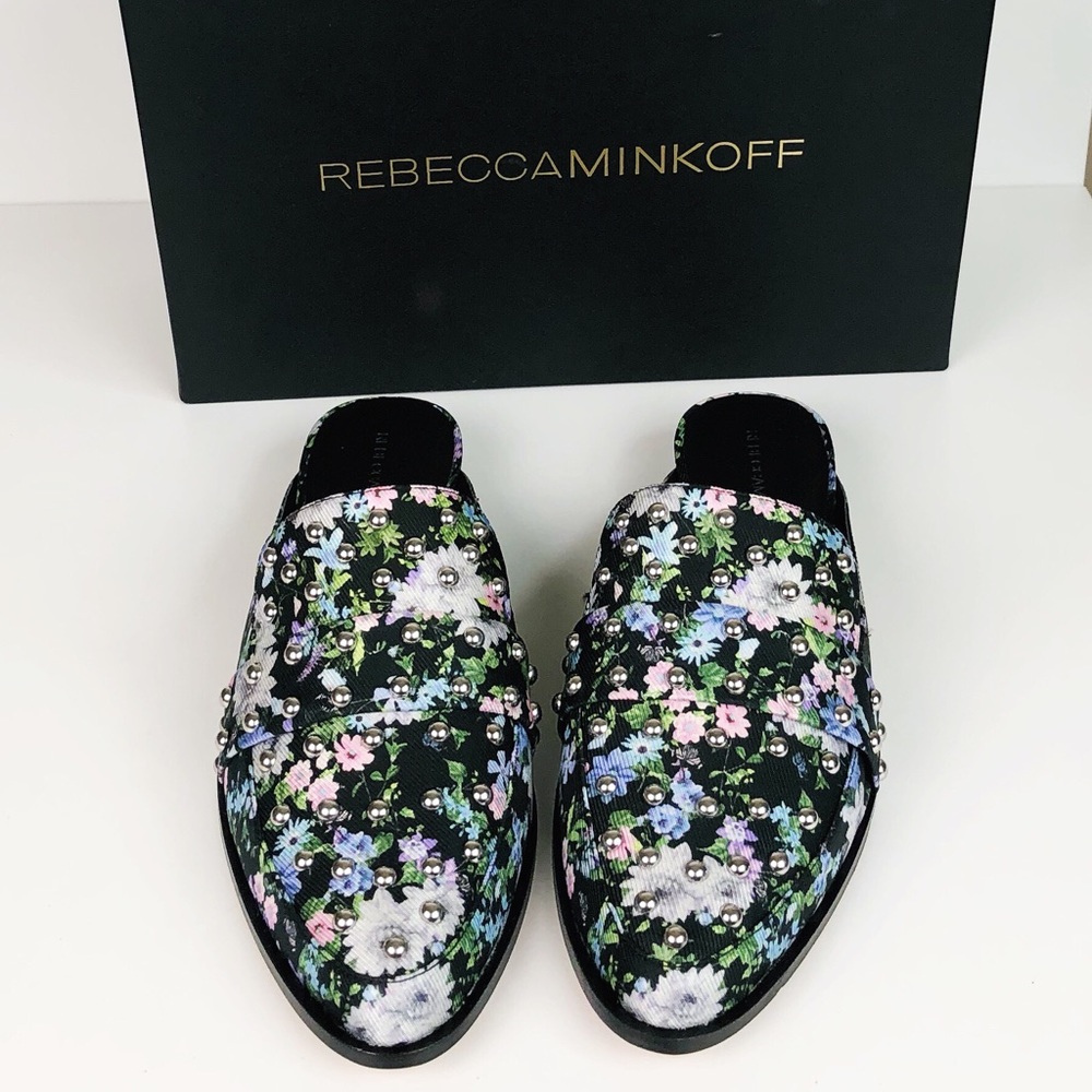 REBECCA MINKOFF MILENA STUDDED SILK MUKE LOAFER 10